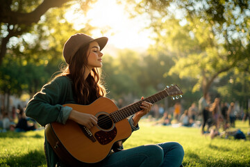 A young woman enjoys playing guitar in a sunny park, surrounded by lush greenery and a relaxing atmosphere.