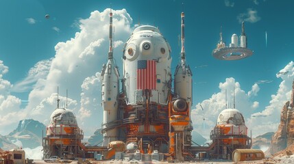 A space station with a large American flag on it