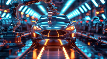 A futuristic car is being built in a factory