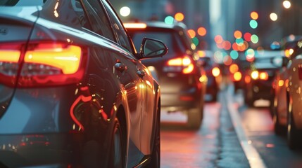 A car is in the middle of a busy street with many other cars