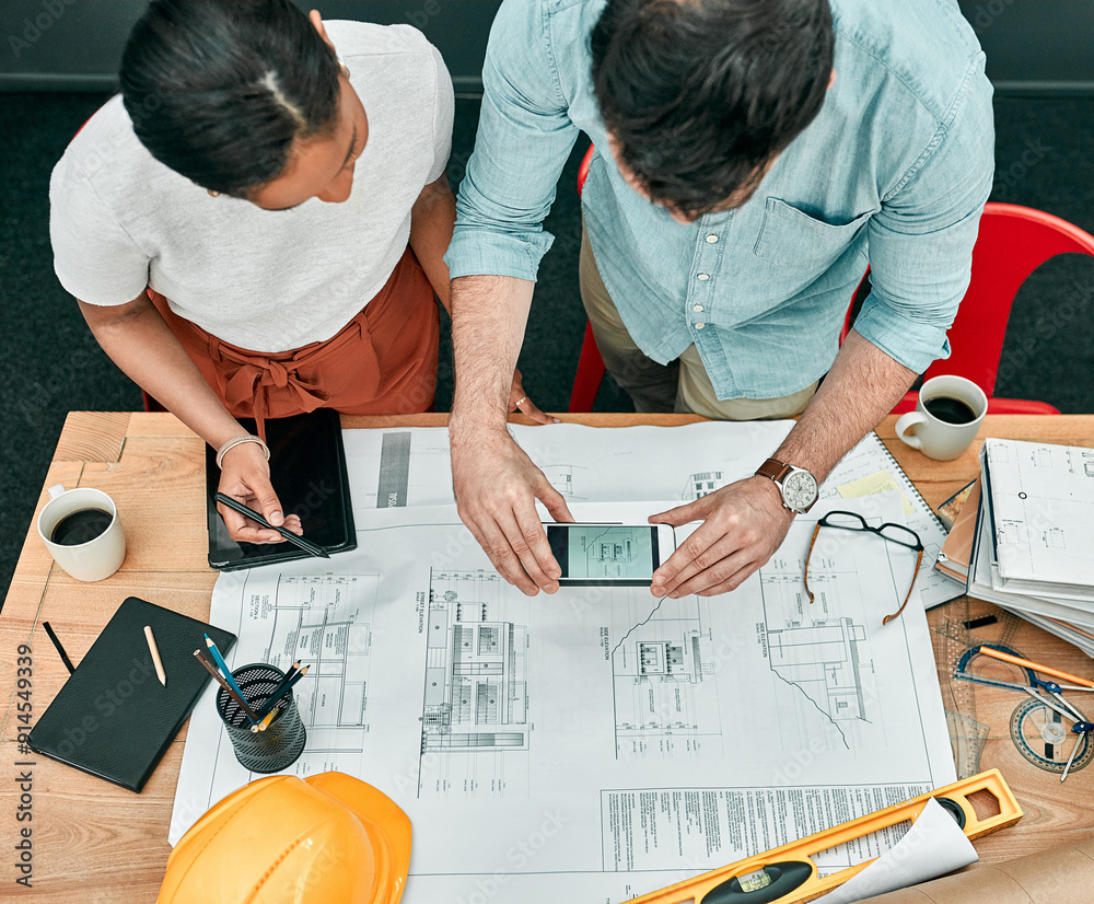 Poster man, woman and blueprint with phone for photo with architecture, screen and picture for design revie