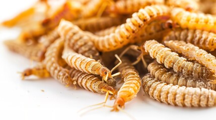 Naklejka premium Mealworm larvae stacked on a white backdrop, either frozen or dried. Generative Ai