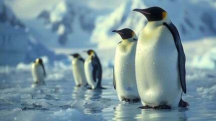 Fototapeta premium Antarctic landscape dotted adorable Emperor Penguins Aptenodytes forsteri huddling together warmth vast expanse of ice snowcapped mountain distance 