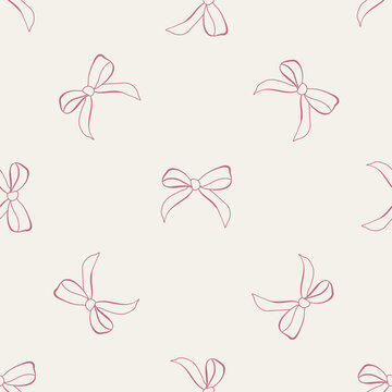 Grandmilenial pink bows vector seamless pattern in retro vintage style for wallpaper background, fabric design, scrapbooking. Flat pink girly illustrations
