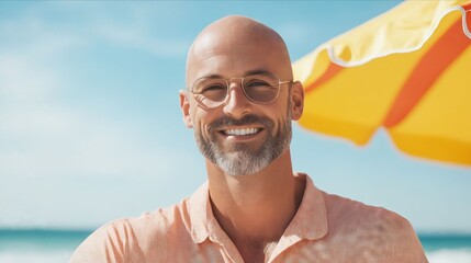 A bald man wearing sunglasses on the beach with an umbrella