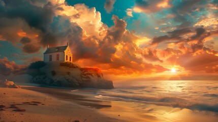 A house built on the beach as opposed to one built on a rock. The wise and foolish builders' parable. Matthew's gospel. Taking in and applying the lessons that Jesus taught. dusk sky.