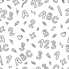 Back to school line art seamless pattern, coloring paper, outline cute letters and numbers, school paper printable