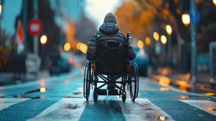 A person in a wheelchair crossing the road.
