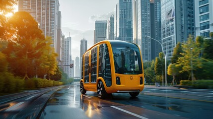 Obraz premium A bright yellow autonomous bus drives through a modern city street