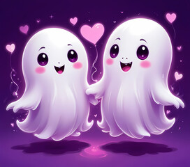 Obraz premium Two cute, round, white ghost-like creatures with smiling faces, in a purple background with pink heart-shaped lights, illustration wallpaper 