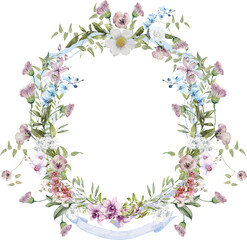 Wild flower Crest, Hand drawn frame template. painted wedding floral wreath. Botanical illustration