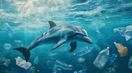 Fototapeta premium Dolphin Swimming Amidst Plastic Waste in Ocean Waters During Bright Sunny Day