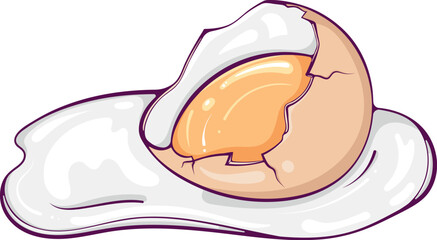 Broken egg with yolk in shell. Scrambled chicken egg. Color vector illustration in hand drawn style. Close-up food farm product isolated on white. Ingredients for baking and cooking