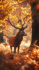 Deer in autumn forest, golden light, peaceful, wildlife