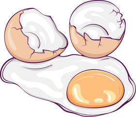 Broken egg with shells. Scrambled chicken egg close-up. Color vector illustration in hand drawn style. Fresh raw food farm product isolated on white. Ingredients for baking and cooking