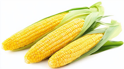 Yellow corn cobs stand tall, their kernels plump and tightly packed, their crisp green husks peeking out from the top against a pure white backdrop.