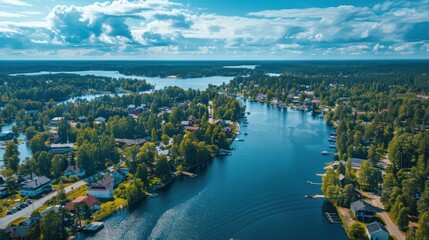 Fototapeta premium Aerial View of a Small Town on a Lake in Finland