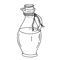 Olive Oil in glass Jug with cork and jute cord. Hand drawn Vector illustration, line art. Ink drawing for menu, product and italian, greek, spanish cuisine design