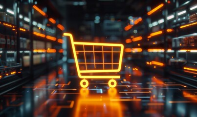 Orange and Yellow neon light shopping icon. Vibrant colored Ecommerce technology symbol, on a black background with high tech floor