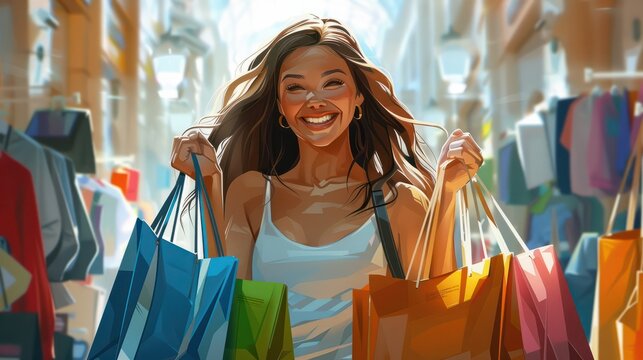 Mulheres fazendo compras! Imagem mostrando uma mulher sorridente com sacolas de compras em um fundo feminino, destacando o poder de compra das mulheres para o com&Atilde;&copy;rcio, seja ele