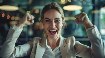 Portrait of a woman with a financial expert who is ecstatic about the success of her accountancy firm. Investor, finance, and female accountant in her company's entrance for investment and trade