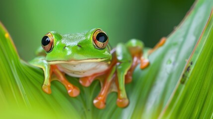 Obraz premium Frog peeking out on green leaf