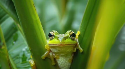 Frog peeking out between stem of plant in forest