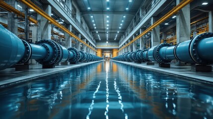 Fototapeta premium Blue Water Pipes System in Modern Industrial Factory – Large Room with Gray Walls and White Ceiling, High Resolution, High Quality, Hyper-Realistic Cinematic Photography