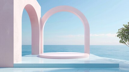 Fototapeta premium Scene with geometrical forms, arch with a podium in natural daylight. Sea view. Summer scene. 3D render background.