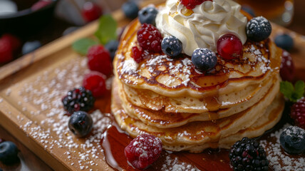 Stack of pancakes with berries, whipped cream, and syrup.