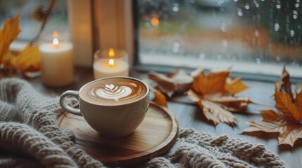 Fototapeta premium A mug of coffee with a leaf design on it sits on a wooden tray