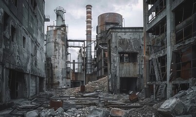 Abstract compositions of industrial ruins in muted grays and blacks, portraying the solemn beauty lost amidst industrial progress