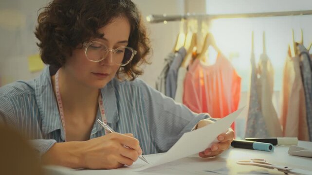 Fabric. Fashionable girl in work clothes carefully creative drawings on paper in sewing workshop. Camera movement young lady draws sketches of new clothing collection adheres to fashion trends, retail