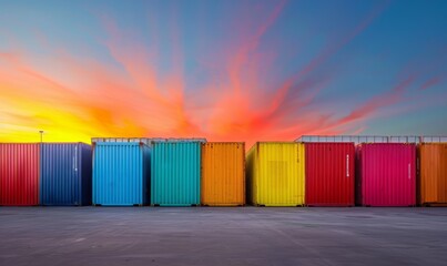 Colorful shipping containers at sunset.