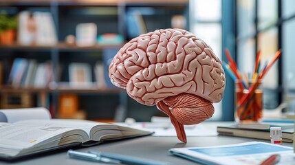 A detailed floating brain model showcased above study materials in a modern educational environment.