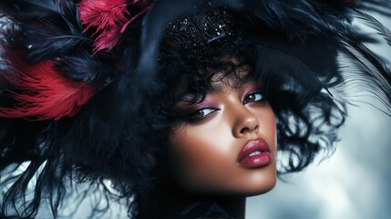 Editorial fashion shoot with contrasting textures and colors, showcasing dramatic silhouettes and powerful expressions