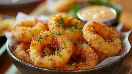 Fototapeta premium Golden, crispy onion rings garnished with chives and served with dipping sauce.