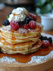 Stack of pancakes topped with berries, syrup, and whipped cream.