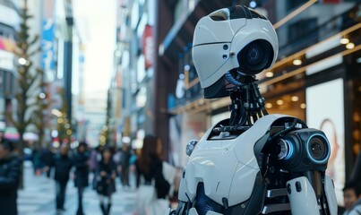 Fototapeta premium Futuristic humanoid robot interacting with humans in a smart city, advanced AI integration