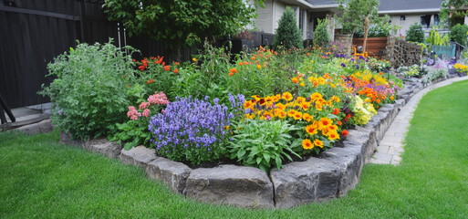 Obraz premium Vibrant Flower Garden in a Residential Yard Showcasing Colorful Blooms and Lush Greenery on a Sunny Day