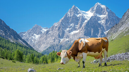 Naklejka premium Majestic Alpine Landscape with Grazing Cow in Lush Green Meadow