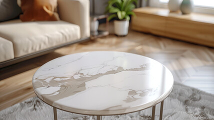 Round marble coffee table in a modern living room.