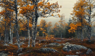 autumn woodland landscape in arctic northern scandinavia