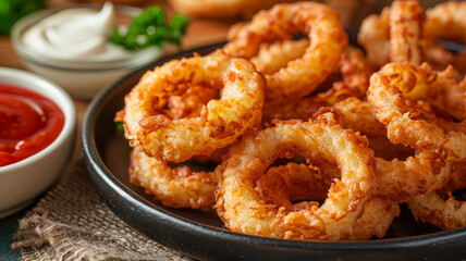 Close-up of crispy onion rings with dipping sauces.