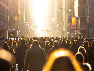 Obraz premium Silhouetted Crowd Walking Towards the Setting Sun in a City Street.