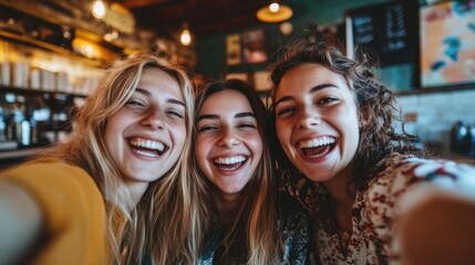 Three friends capturing memories in a lively pub setting, perfect for social media or lifestyle use