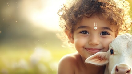 a little girl holding a white cow in her arms
