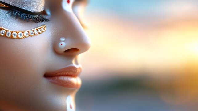 a close up of a woman's face with a gold and silver make - up