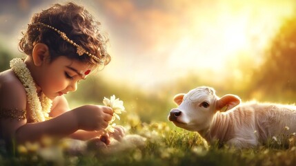 a little girl is feeding a cow in a field