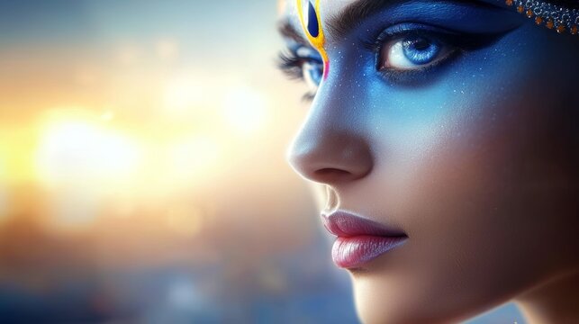 a woman with blue makeup and a bright make up